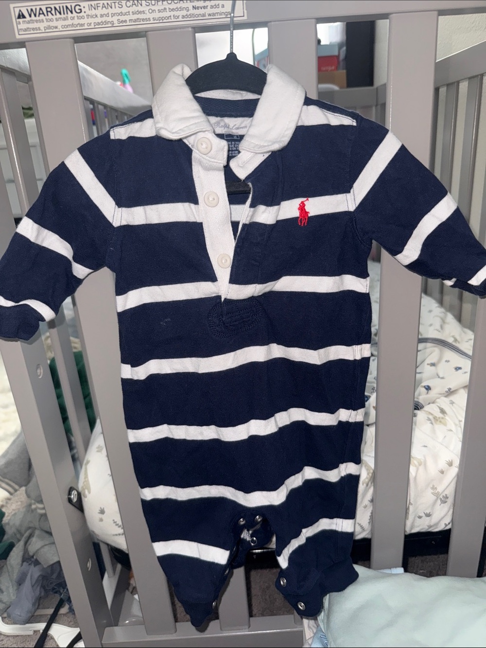 Ralph Lauren Navy & White Striped Polo Romper with Red Pony